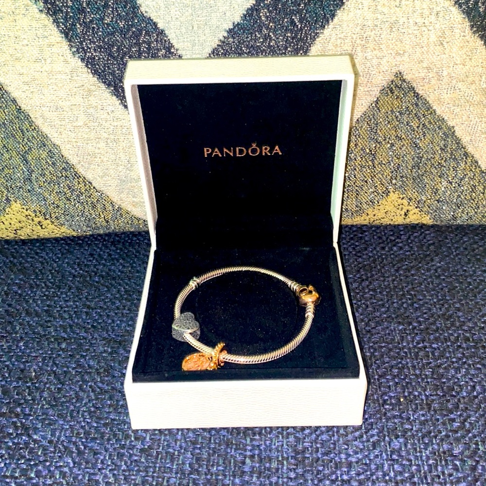 Pandora bracelet, Size 6.7, Two tone and comes with two charms